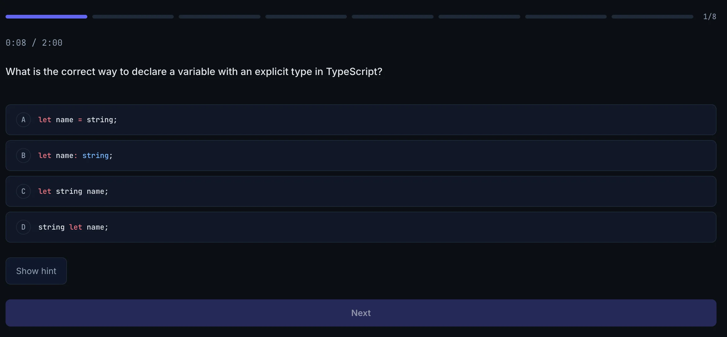 Syntax Sprint exercise showing multiple choice question with progress bar