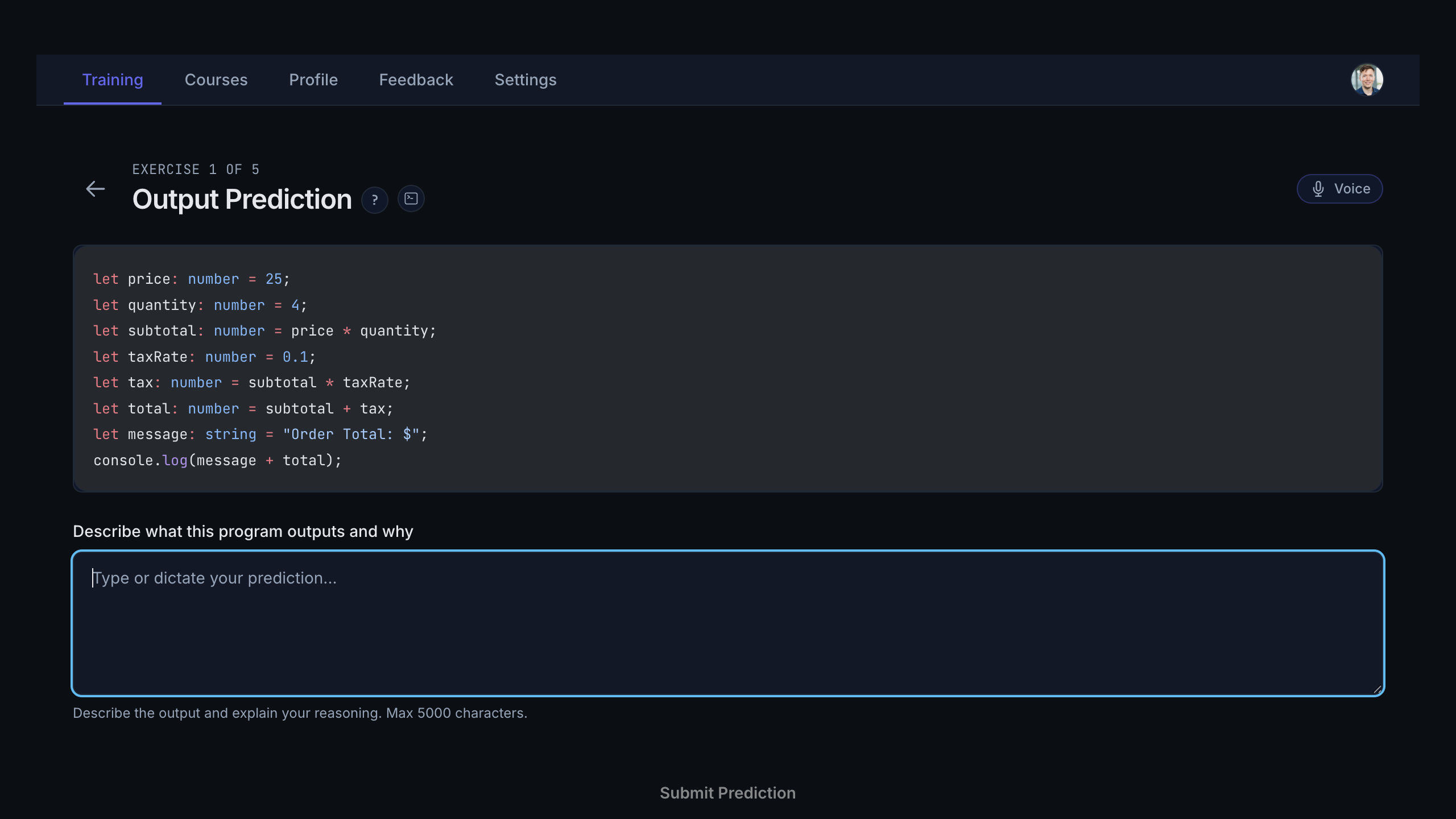 Output Prediction exercise showing TypeScript code with prediction textarea