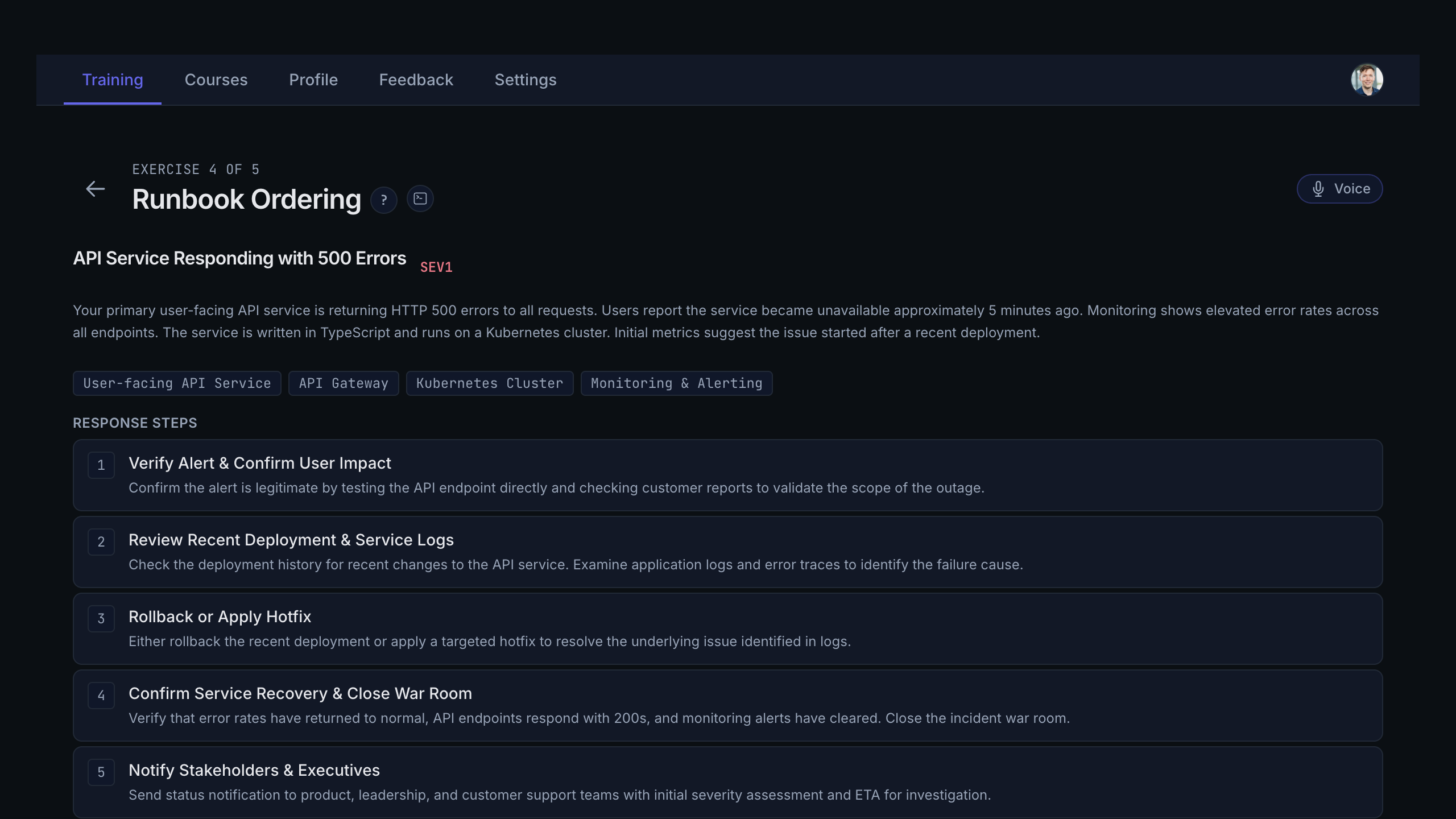 Runbook Ordering exercise showing draggable incident response steps